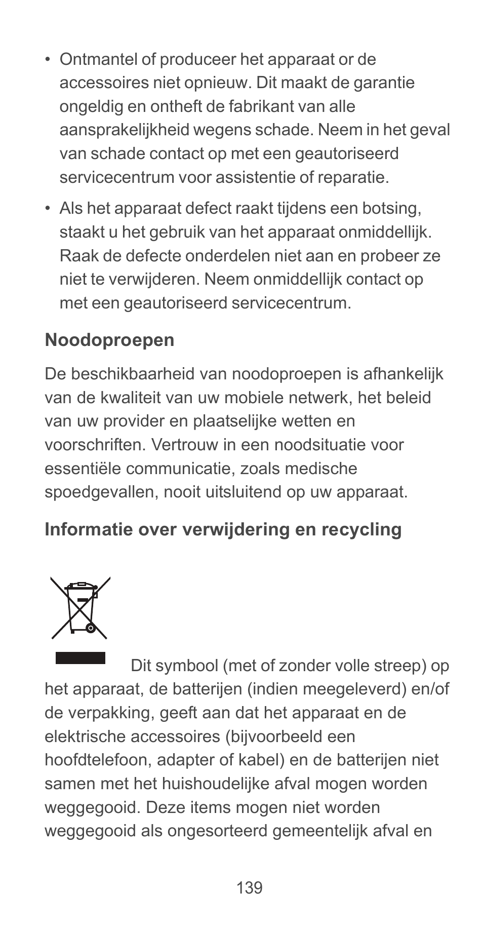 Noodoproepen, Informatie over verwijdering en recycling | Huawei Ascend G525 User Manual | Page 139 / 168