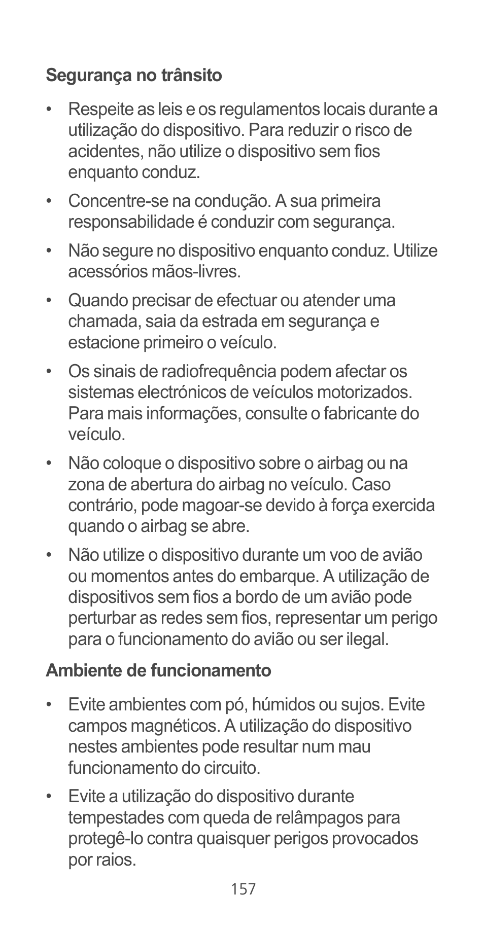 Segurança no trânsito, Ambiente de funcionamento | Huawei Ascend G525 User Manual | Page 157 / 168