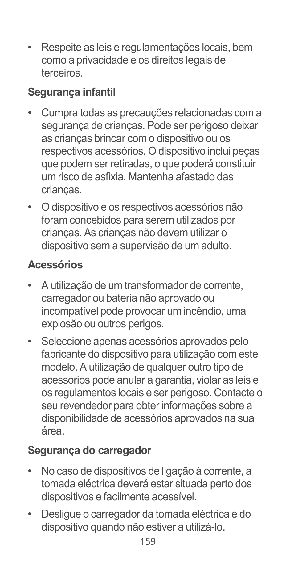 Segurança infantil, Acessórios, Segurança do carregador | Huawei Ascend G525 User Manual | Page 159 / 168