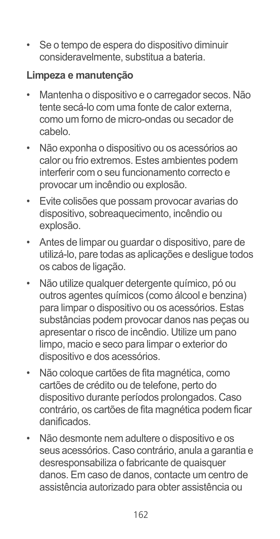 Limpeza e manutenção | Huawei Ascend G525 User Manual | Page 162 / 168