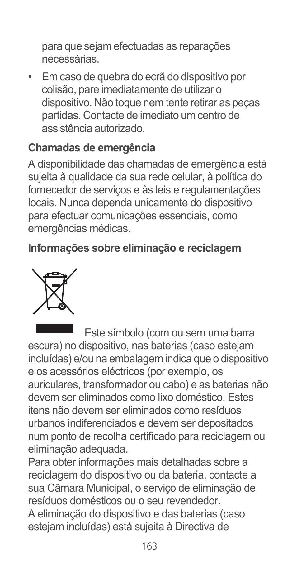 Chamadas de emergência, Informações sobre eliminação e reciclagem | Huawei Ascend G525 User Manual | Page 163 / 168