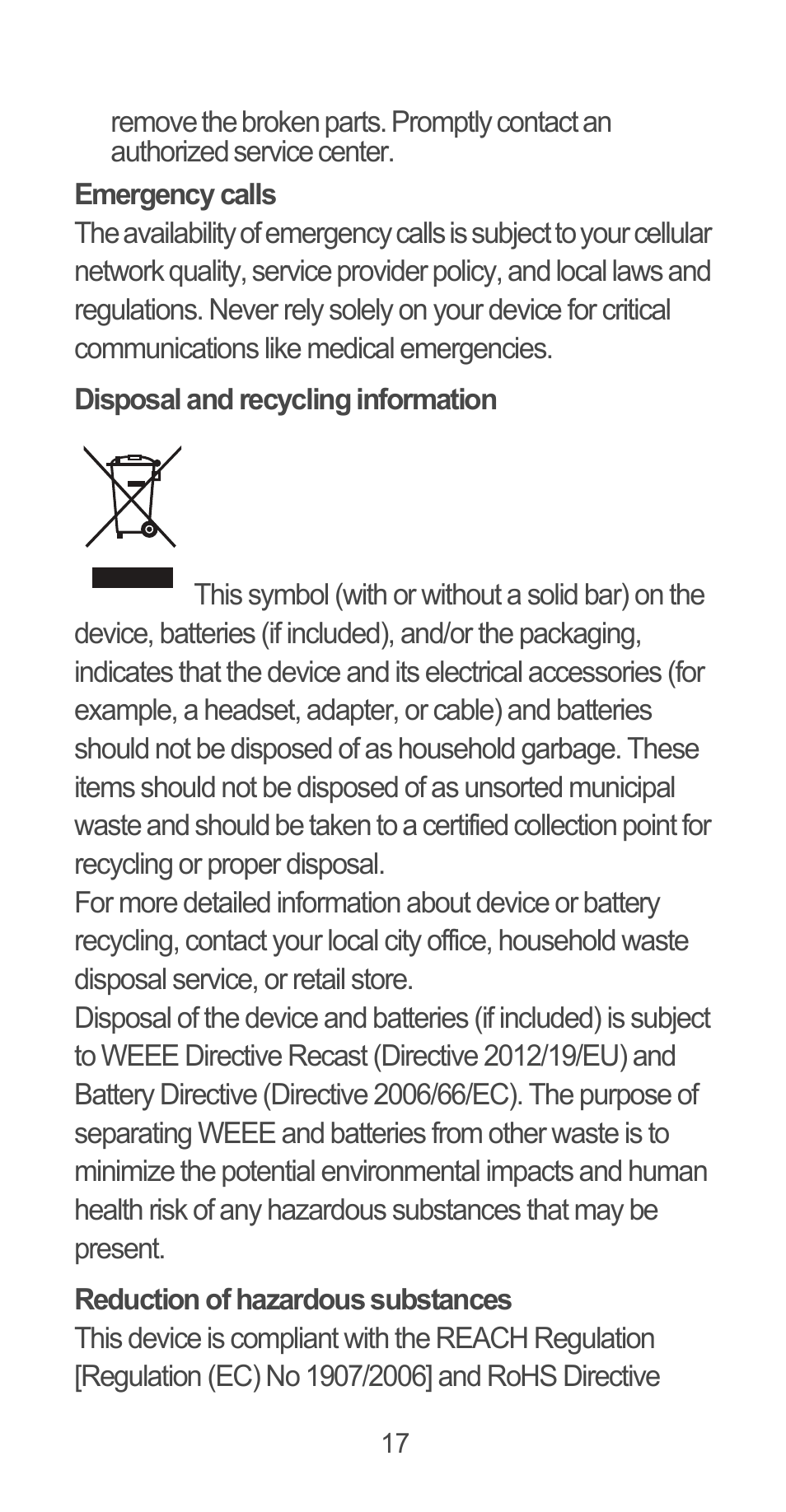 Emergency calls, Disposal and recycling information, Reduction of hazardous substances | Huawei Ascend G525 User Manual | Page 17 / 168