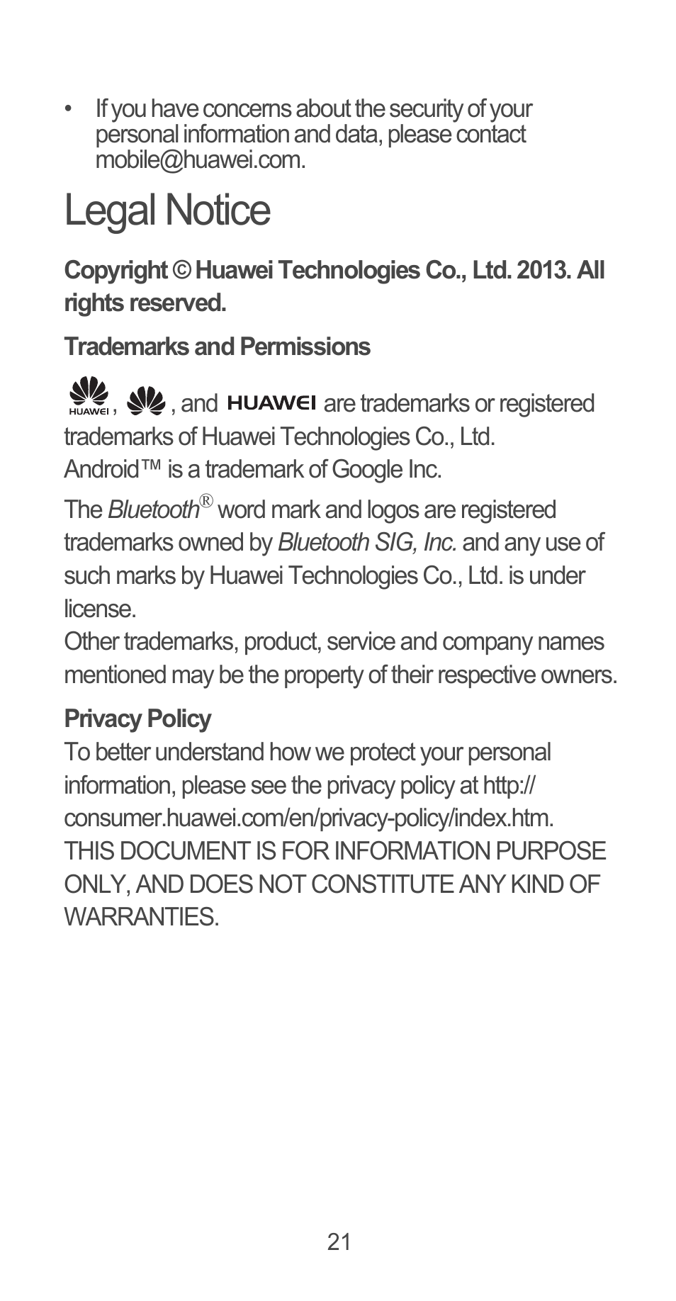 Legal notice, Trademarks and permissions, Privacy policy | Huawei Ascend G525 User Manual | Page 21 / 168