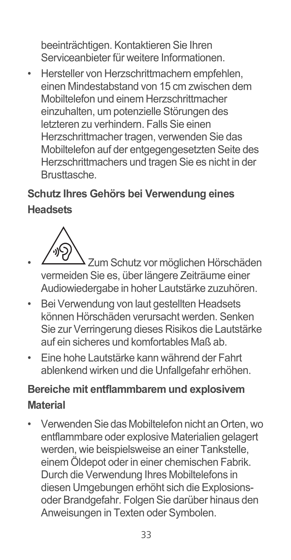 Schutz ihres gehörs bei verwendung eines headsets, Bereiche mit entflammbarem und explosivem material | Huawei Ascend G525 User Manual | Page 33 / 168