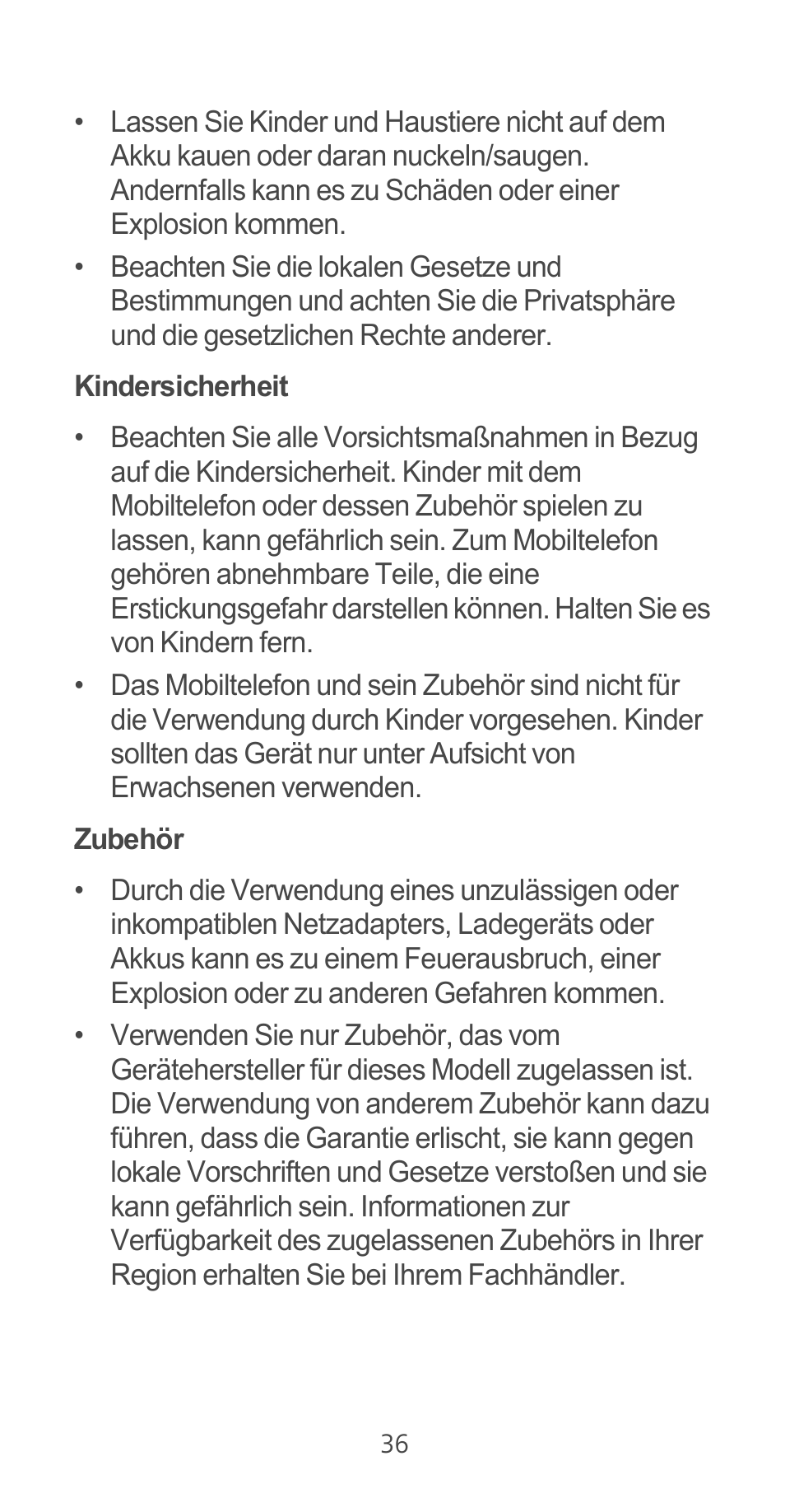 Kindersicherheit, Zubehör | Huawei Ascend G525 User Manual | Page 36 / 168