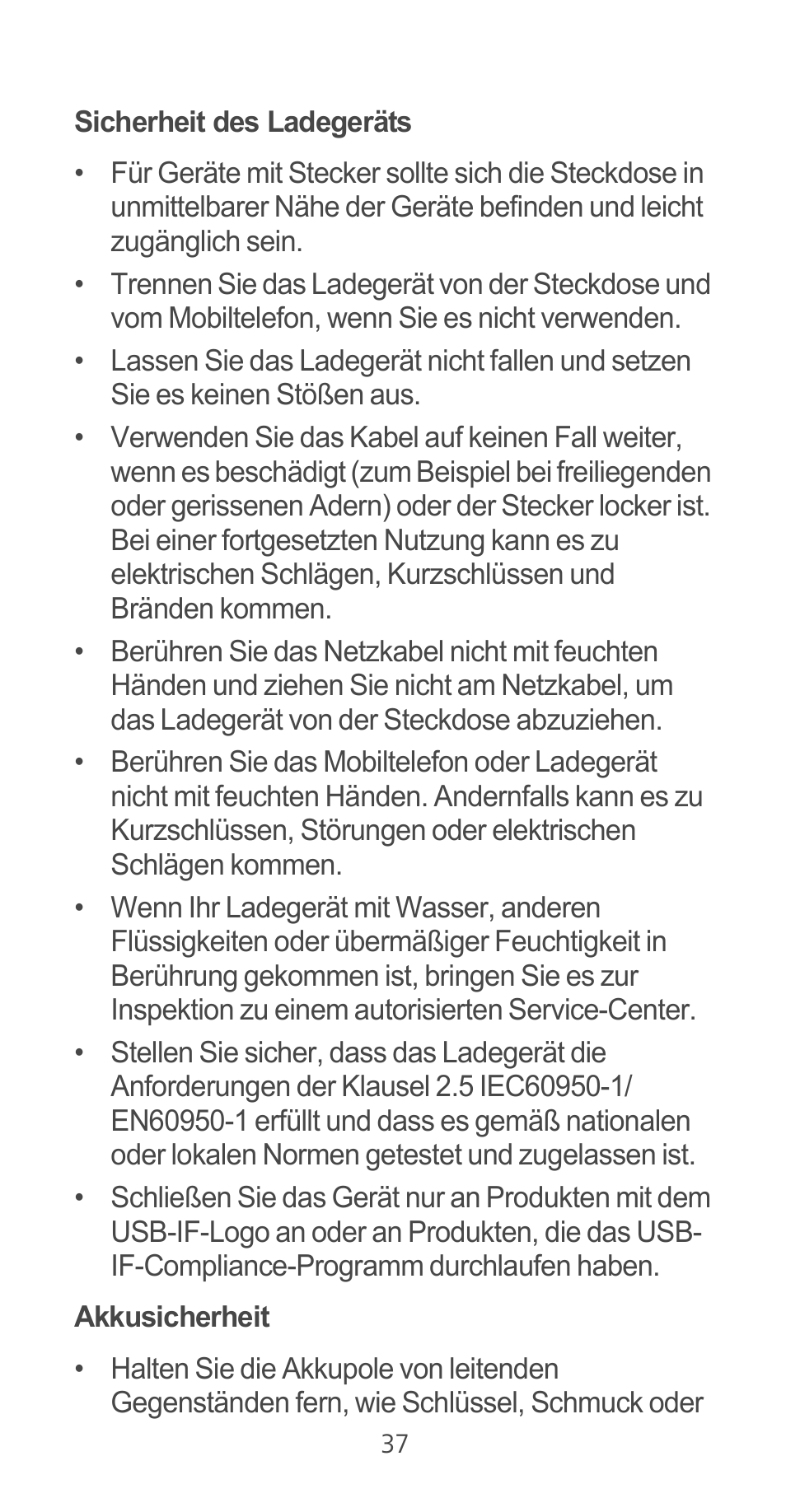 Sicherheit des ladegeräts, Akkusicherheit | Huawei Ascend G525 User Manual | Page 37 / 168