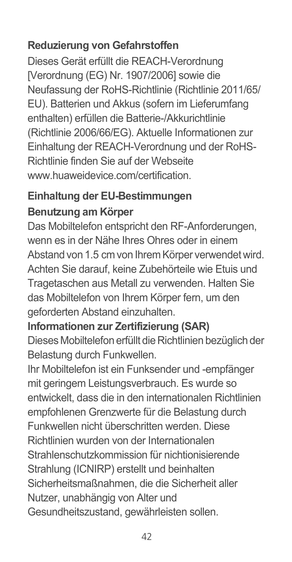 Reduzierung von gefahrstoffen, Einhaltung der eu-bestimmungen | Huawei Ascend G525 User Manual | Page 42 / 168