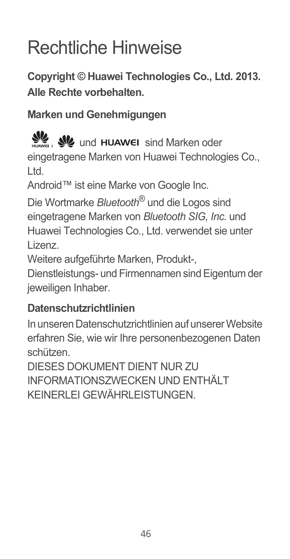 Rechtliche hinweise, Marken und genehmigungen, Datenschutzrichtlinien | Huawei Ascend G525 User Manual | Page 46 / 168