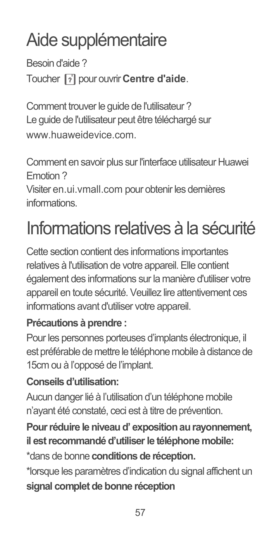 Aide supplémentaire, Informations relatives à la sécurité | Huawei Ascend G525 User Manual | Page 57 / 168