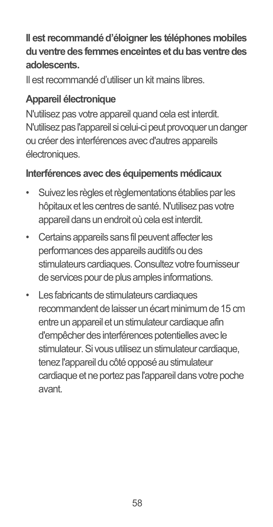Appareil électronique, Interférences avec des équipements médicaux | Huawei Ascend G525 User Manual | Page 58 / 168