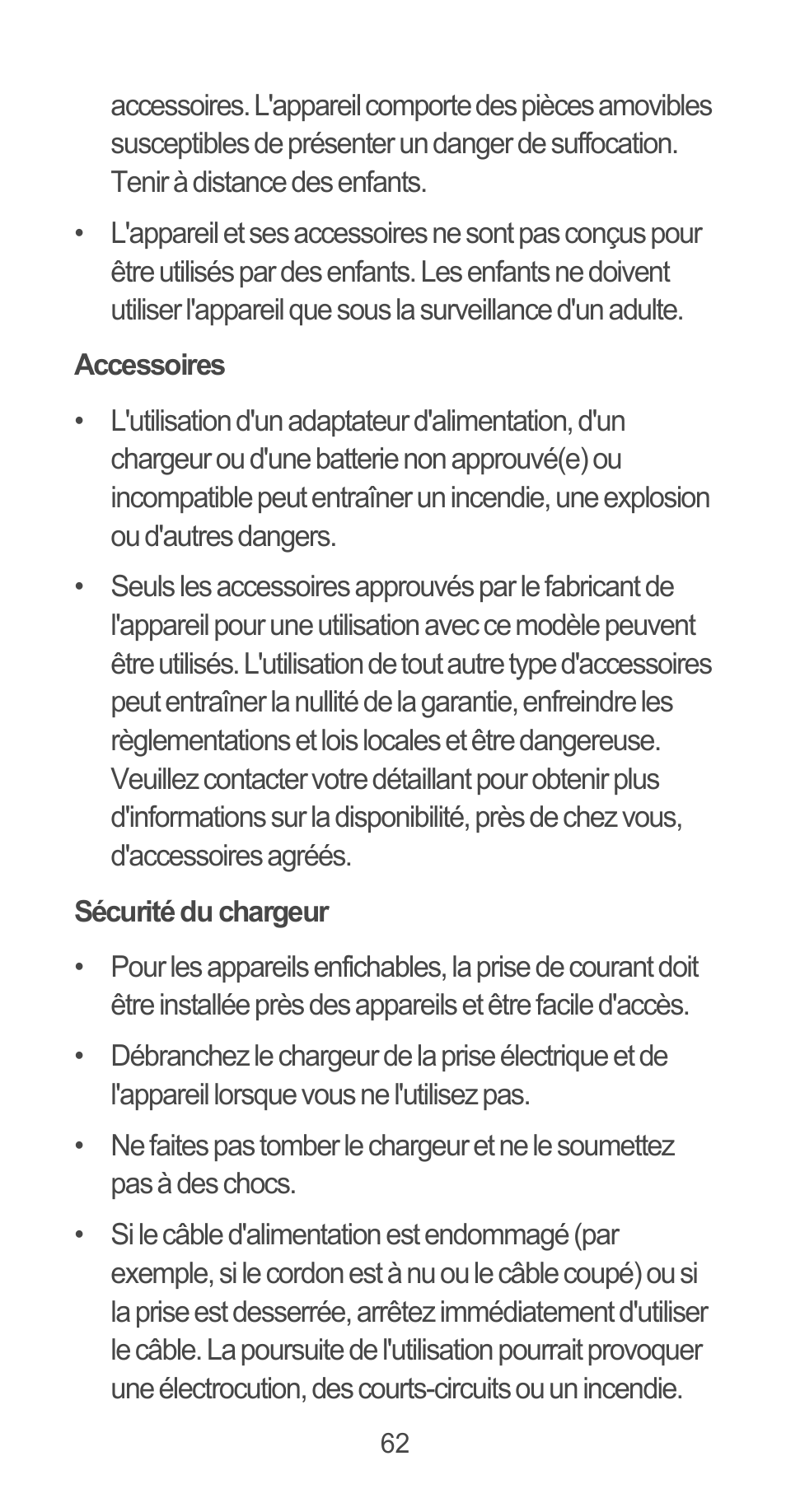 Accessoires, Sécurité du chargeur | Huawei Ascend G525 User Manual | Page 62 / 168