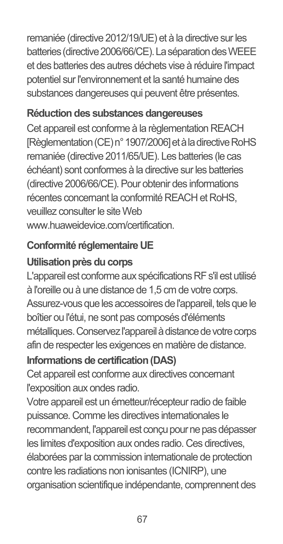 Réduction des substances dangereuses, Conformité réglementaire ue | Huawei Ascend G525 User Manual | Page 67 / 168