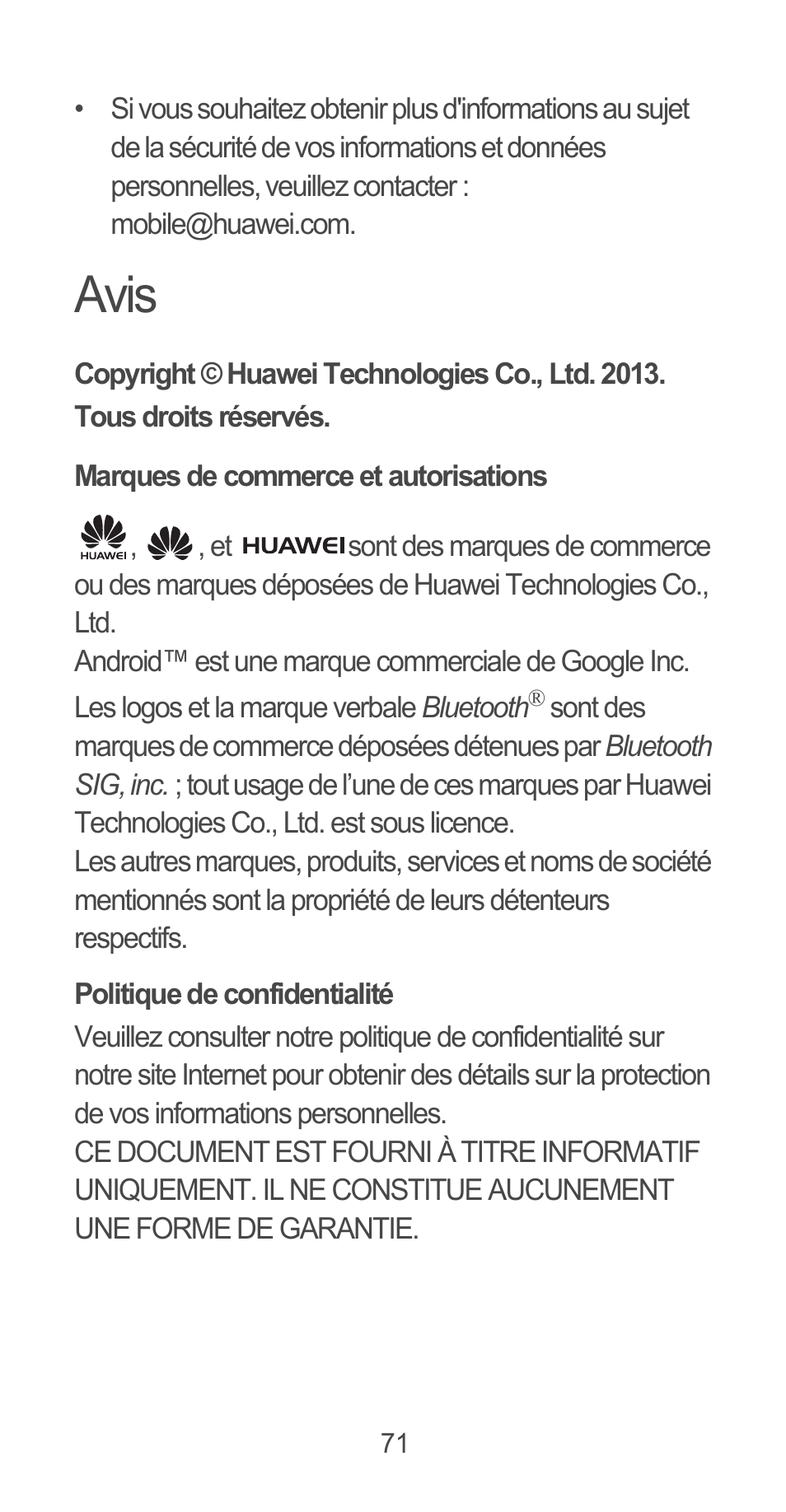 Avis, Marques de commerce et autorisations, Politique de confidentialité | Huawei Ascend G525 User Manual | Page 71 / 168