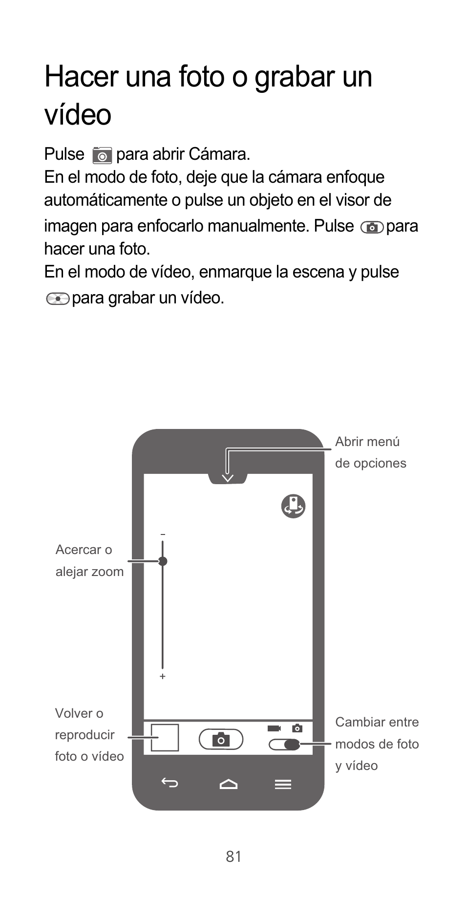 Hacer una foto o grabar un vídeo | Huawei Ascend G525 User Manual | Page 81 / 168