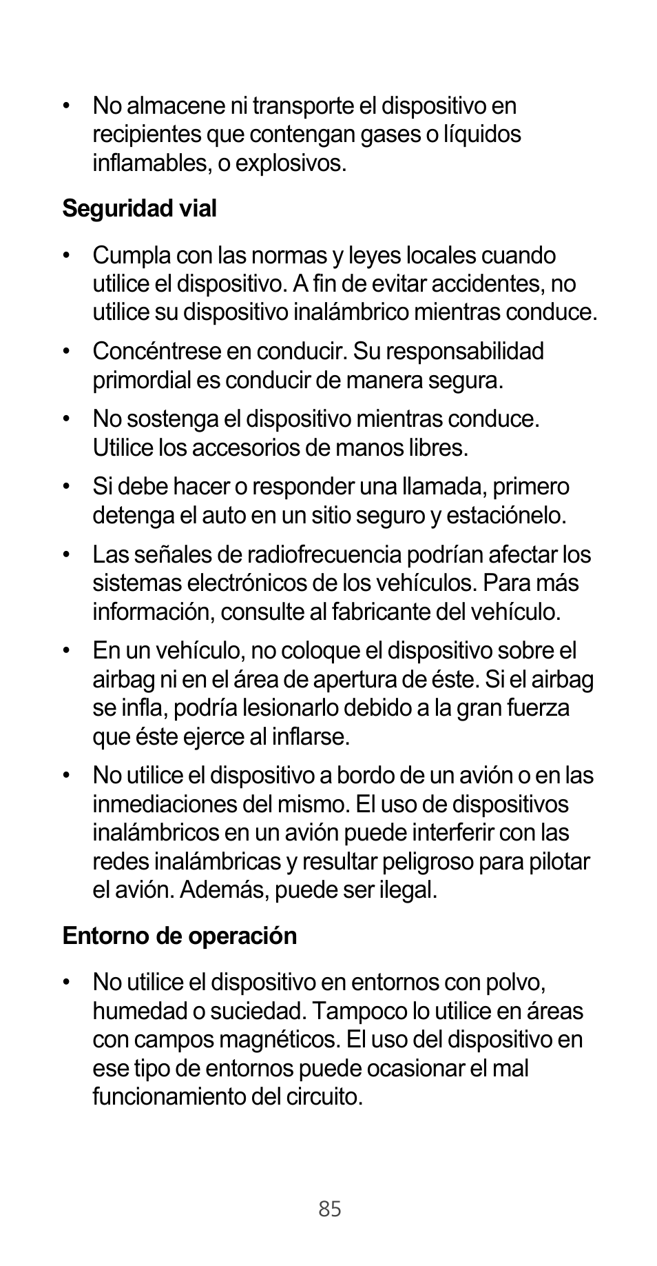 Seguridad vial, Entorno de operación | Huawei Ascend G525 User Manual | Page 85 / 168