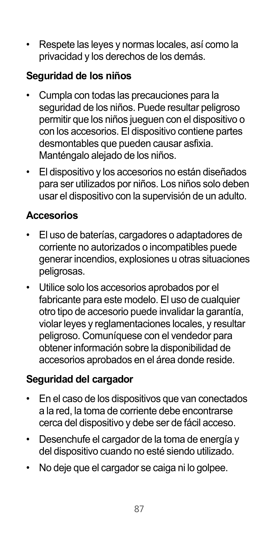 Seguridad de los niños, Accesorios, Seguridad del cargador | Huawei Ascend G525 User Manual | Page 87 / 168