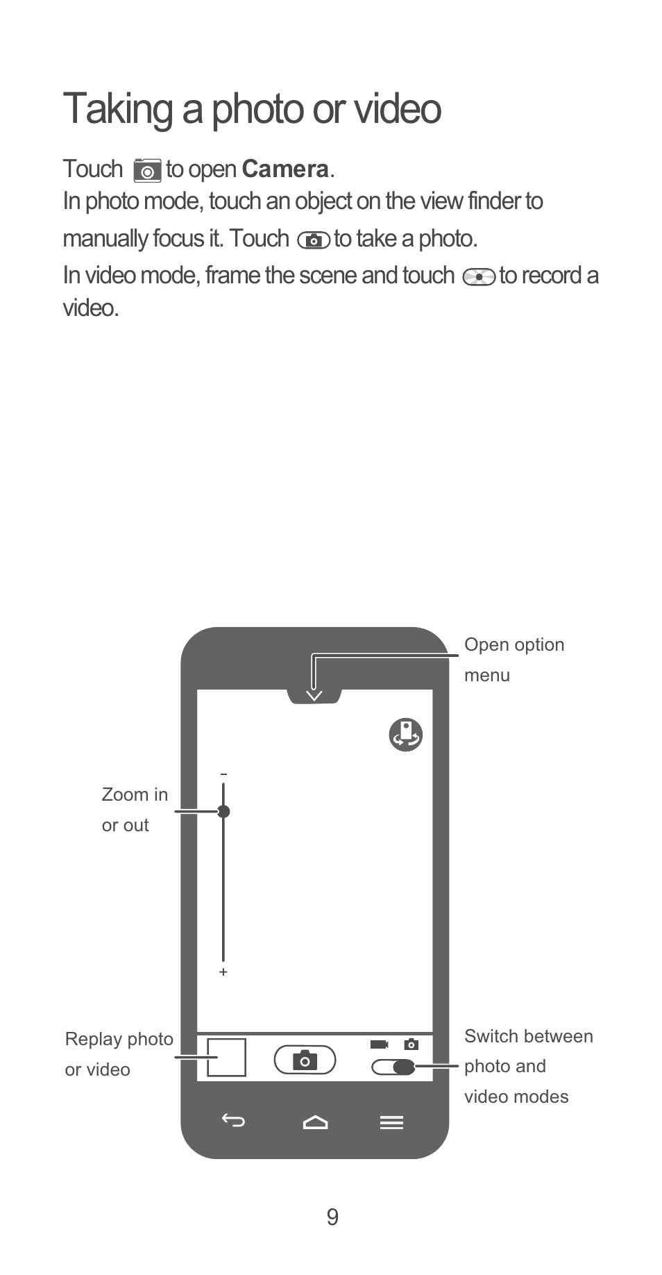 Taking a photo or video | Huawei Ascend G525 User Manual | Page 9 / 168