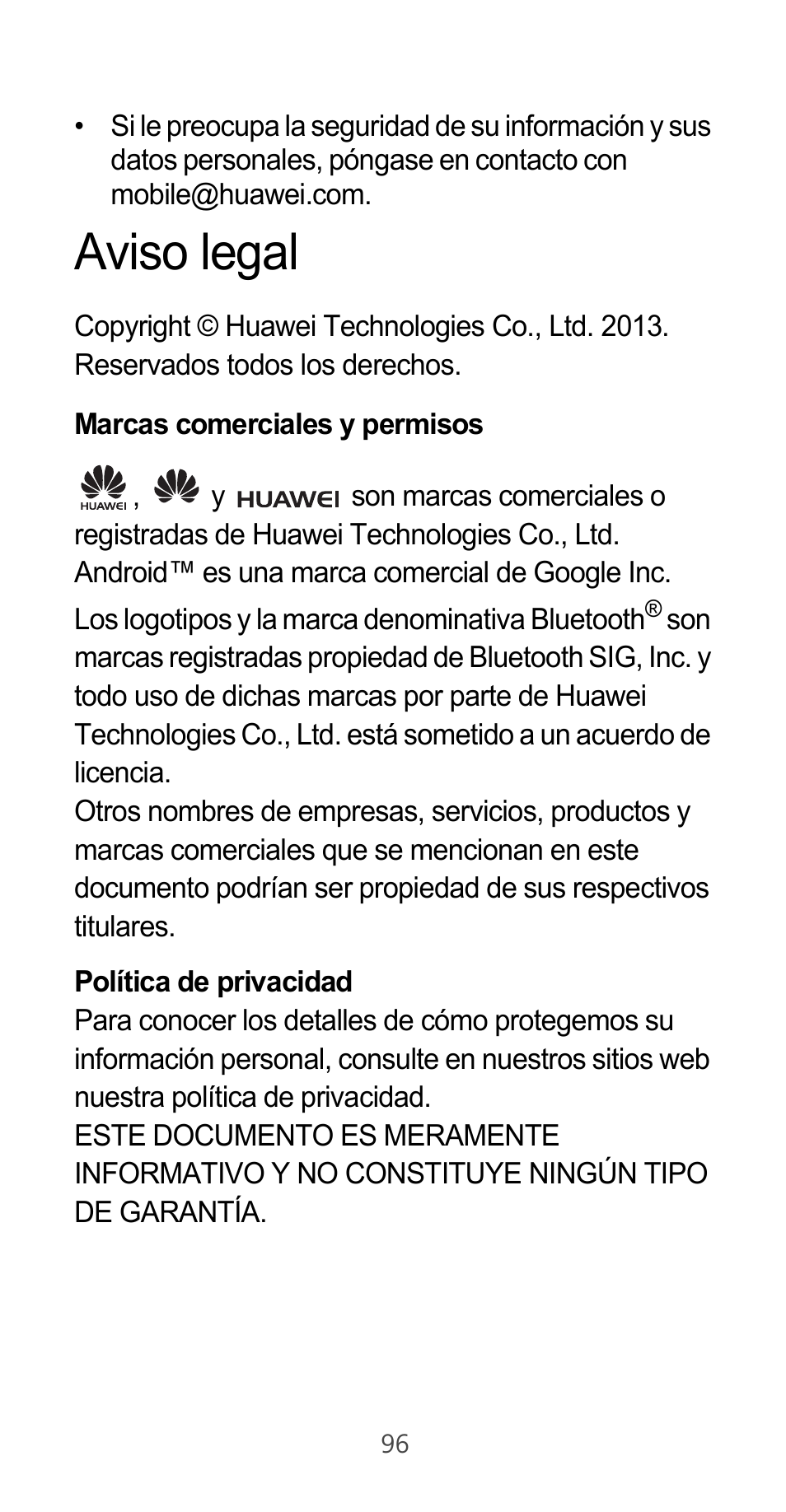 Aviso legal, Marcas comerciales y permisos, Política de privacidad | Huawei Ascend G525 User Manual | Page 96 / 168