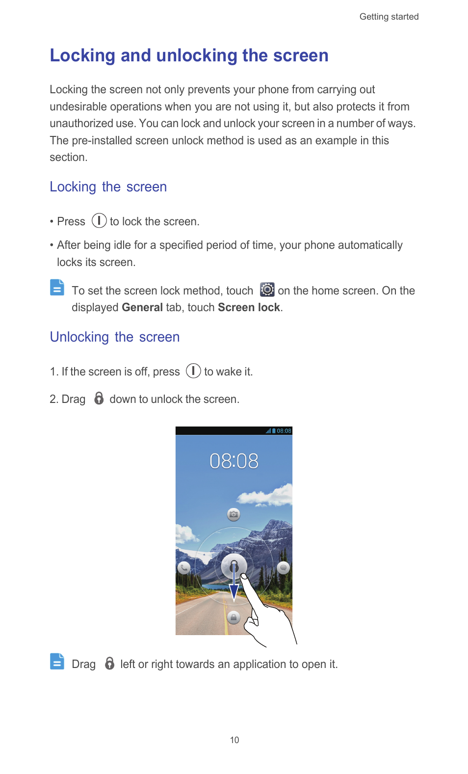 Locking and unlocking the screen, Locking the screen, Unlocking the screen | Huawei Ascend G526 User Manual | Page 15 / 98