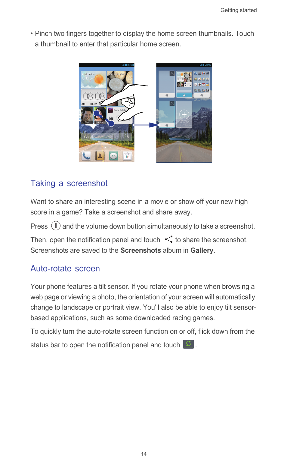 Taking a screenshot, Auto-rotate screen | Huawei Ascend G526 User Manual | Page 19 / 98