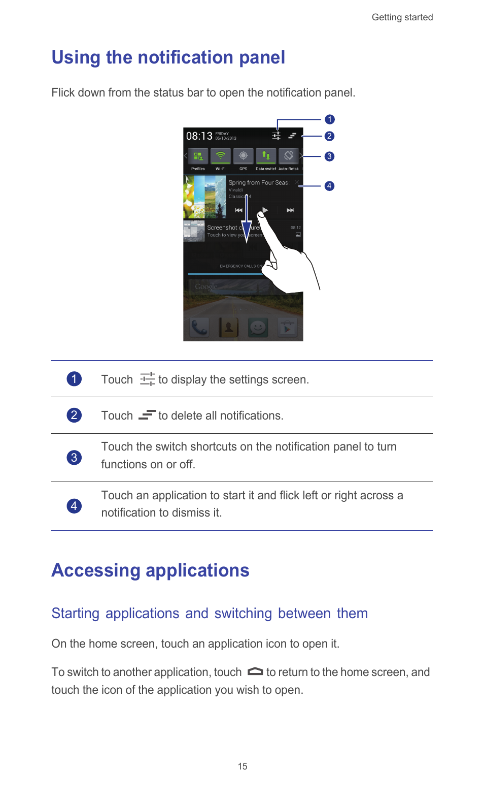 Using the notification panel, Accessing applications, Starting applications and switching between them | Huawei Ascend G526 User Manual | Page 20 / 98