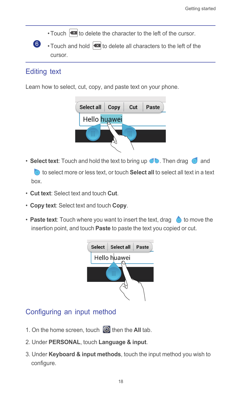 Editing text, Configuring an input method | Huawei Ascend G526 User Manual | Page 23 / 98