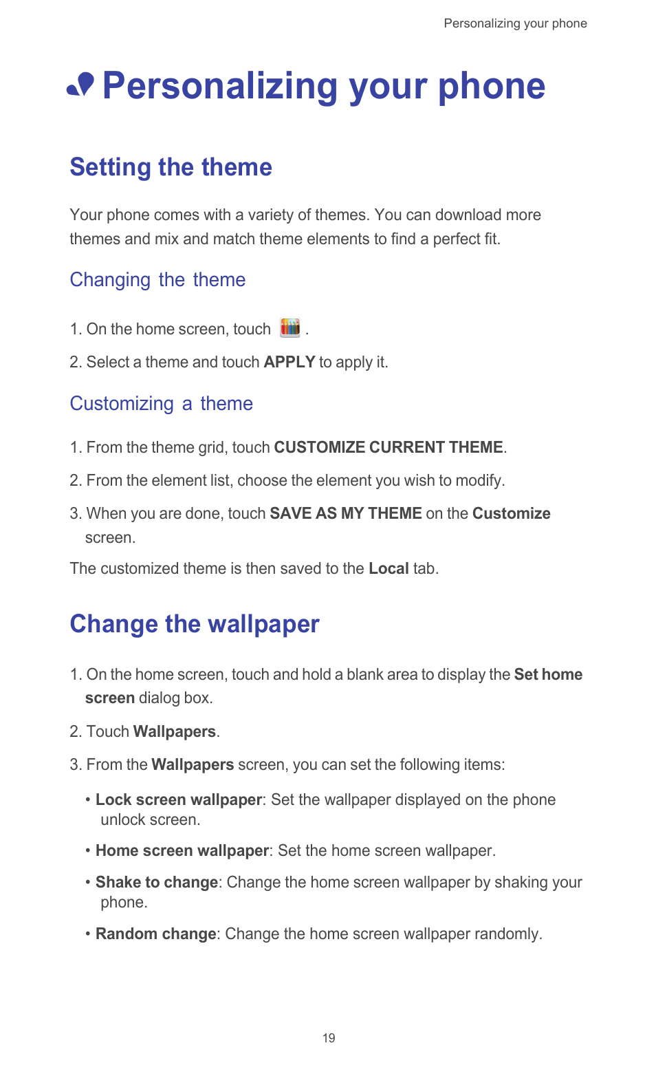 Personalizing your phone, Setting the theme, Changing the theme | Customizing a theme, Change the wallpaper, Setting the theme change the wallpaper | Huawei Ascend G526 User Manual | Page 24 / 98