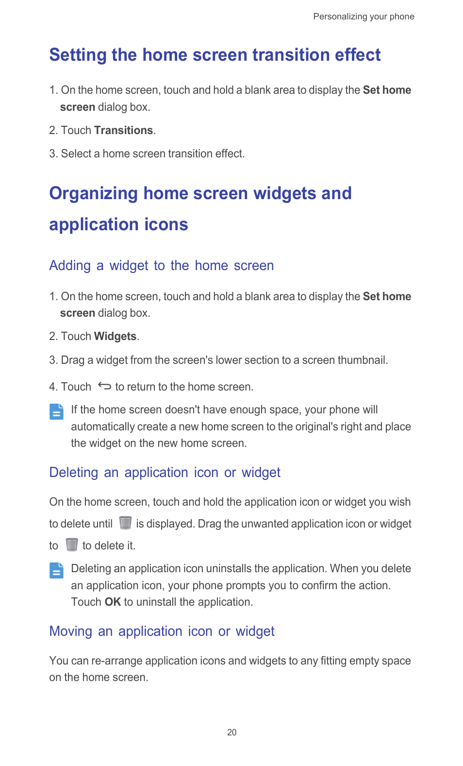 Setting the home screen transition effect, Adding a widget to the home screen, Deleting an application icon or widget | Moving an application icon or widget | Huawei Ascend G526 User Manual | Page 25 / 98