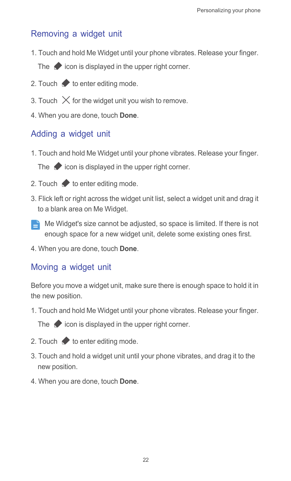 Removing a widget unit, Adding a widget unit, Moving a widget unit | Huawei Ascend G526 User Manual | Page 27 / 98