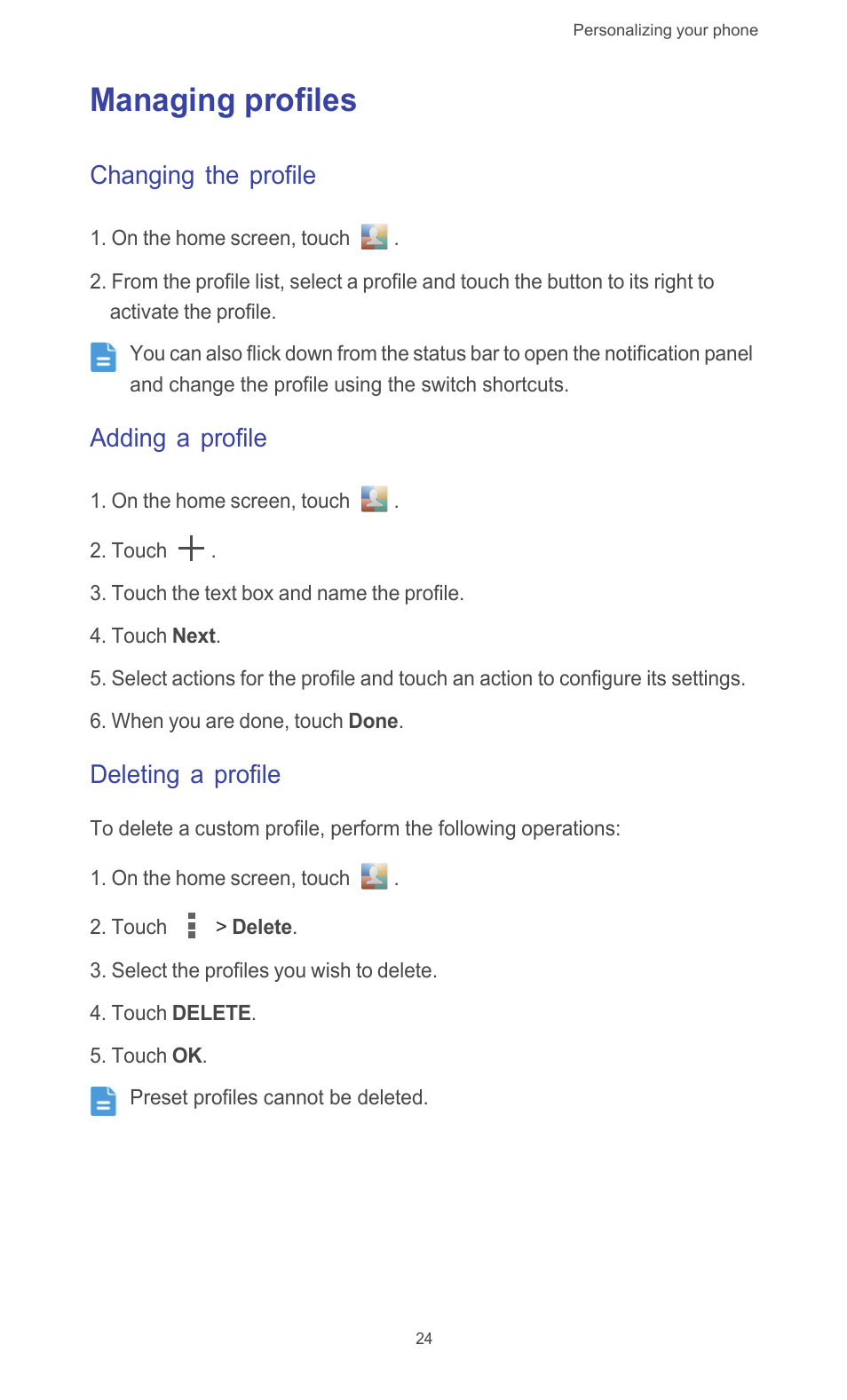 Managing profiles, Changing the profile, Adding a profile | Deleting a profile | Huawei Ascend G526 User Manual | Page 29 / 98