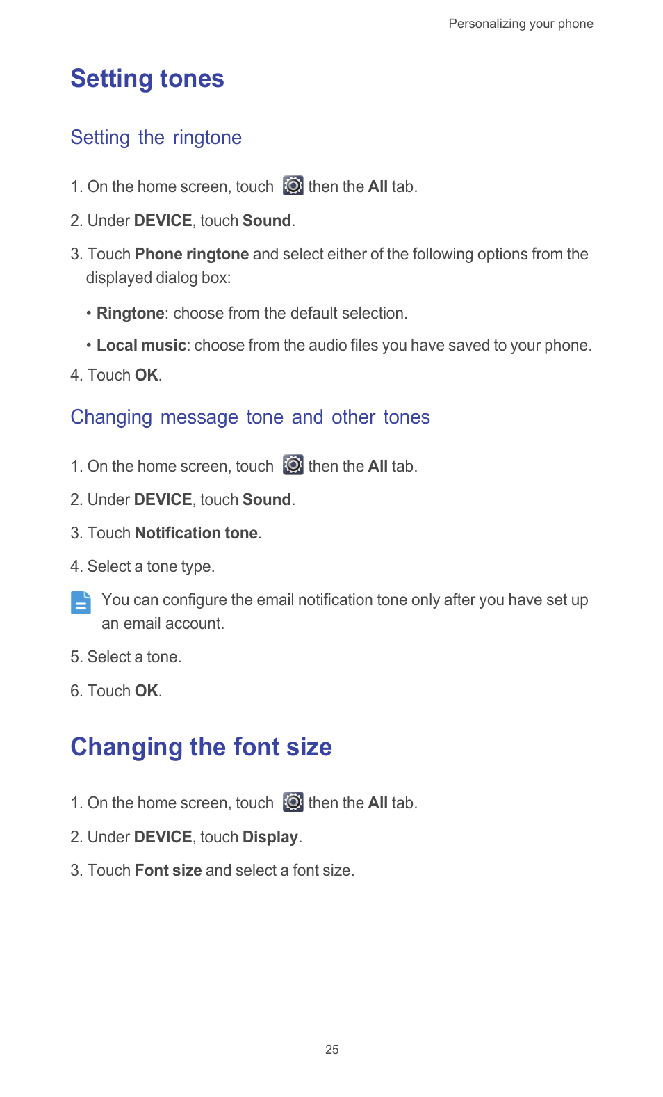 Setting tones, Setting the ringtone, Changing message tone and other tones | Changing the font size, Setting tones changing the font size | Huawei Ascend G526 User Manual | Page 30 / 98