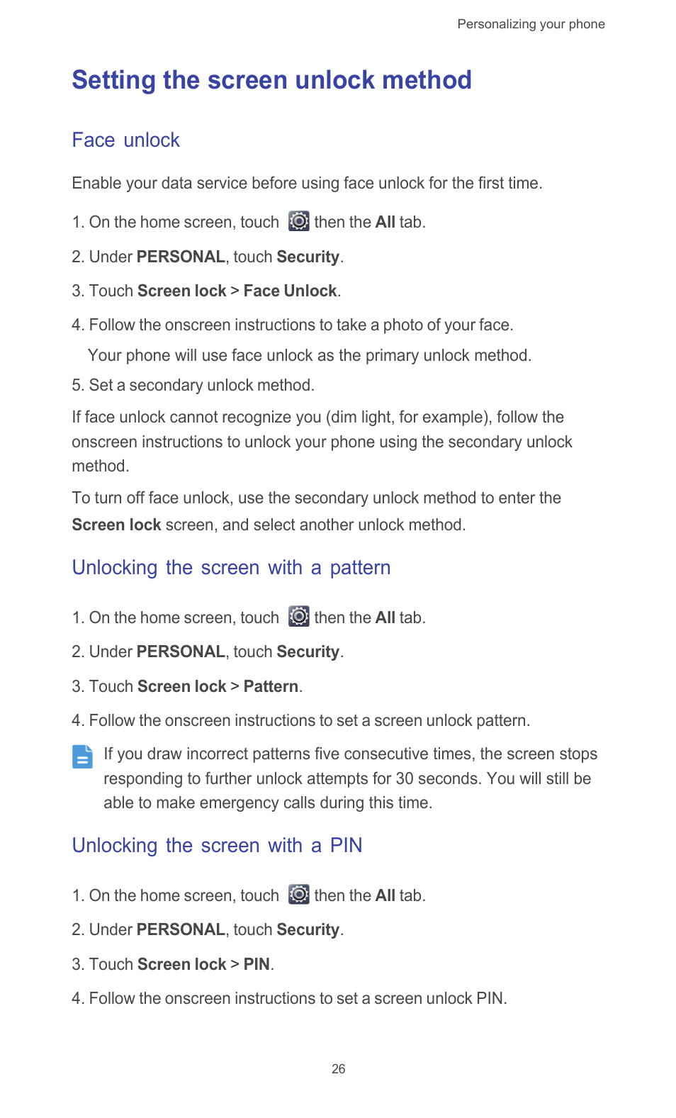 Setting the screen unlock method, Face unlock, Unlocking the screen with a pattern | Unlocking the screen with a pin | Huawei Ascend G526 User Manual | Page 31 / 98