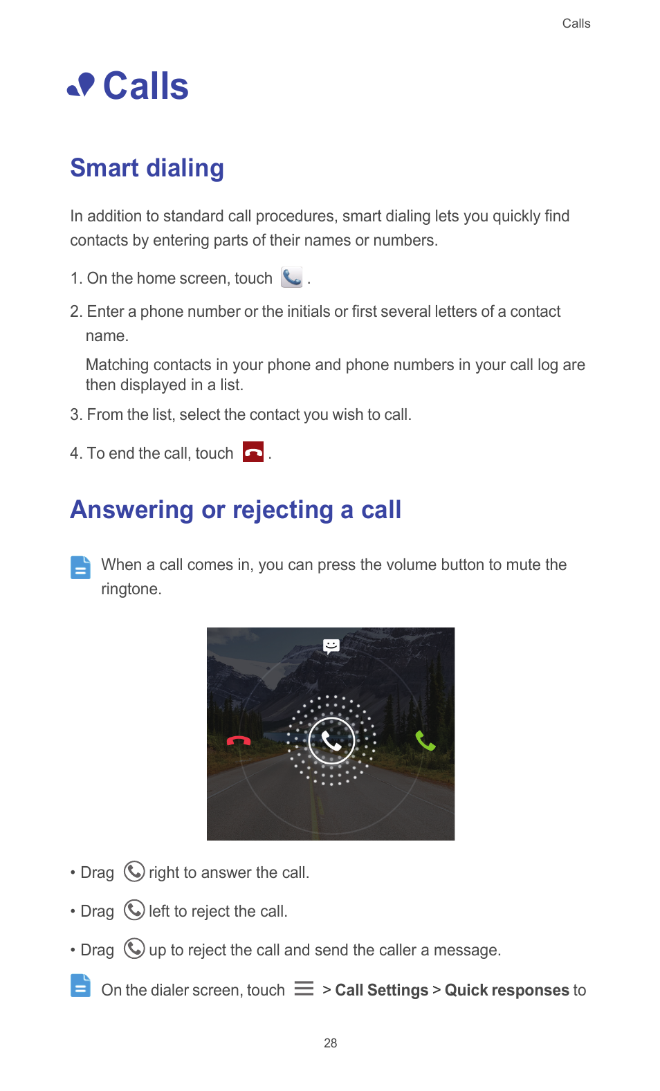 Calls, Smart dialing, Answering or rejecting a call | Smart dialing answering or rejecting a call | Huawei Ascend G526 User Manual | Page 33 / 98