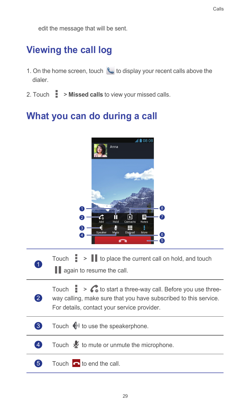 Viewing the call log, What you can do during a call | Huawei Ascend G526 User Manual | Page 34 / 98