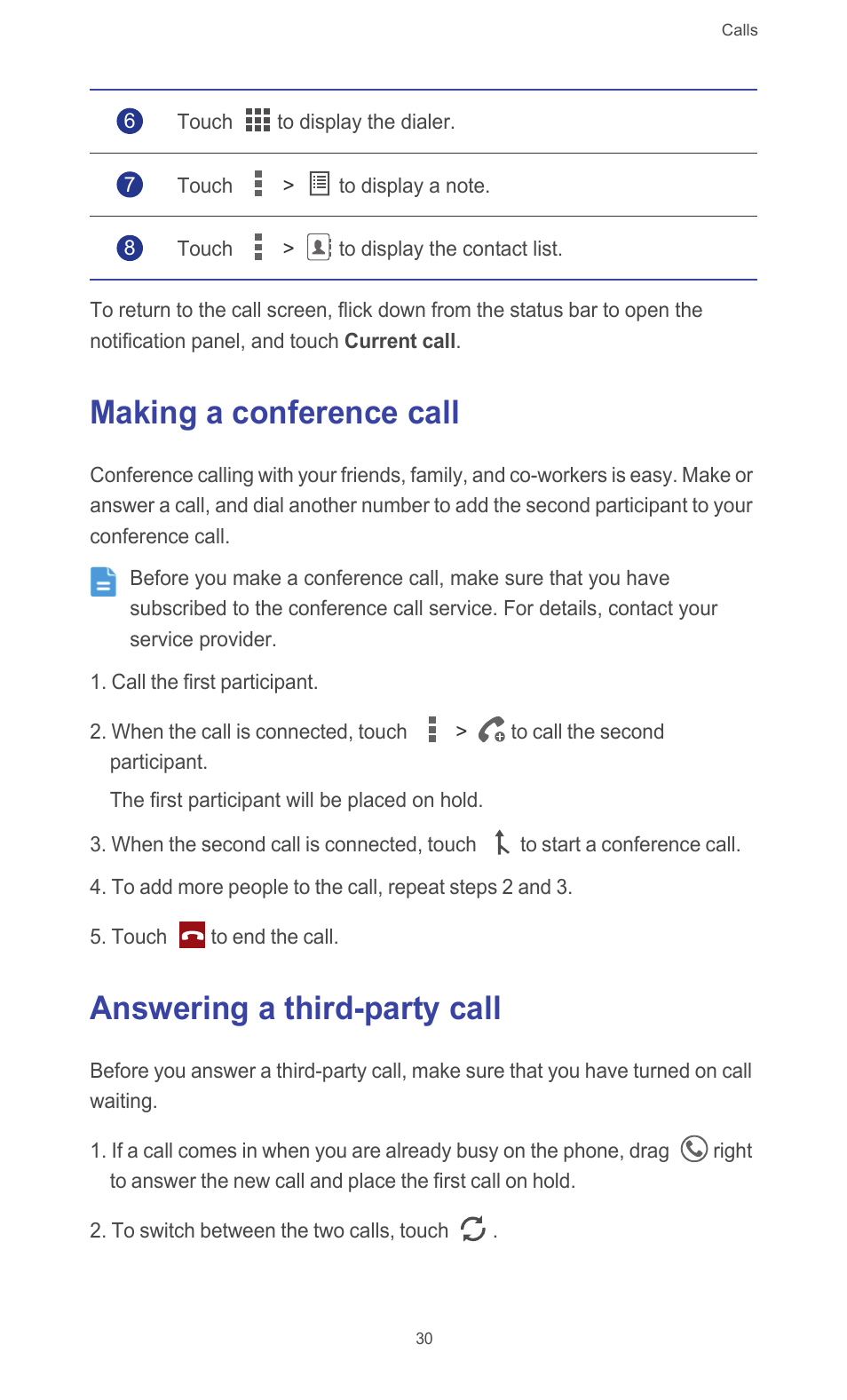 Making a conference call, Answering a third-party call | Huawei Ascend G526 User Manual | Page 35 / 98