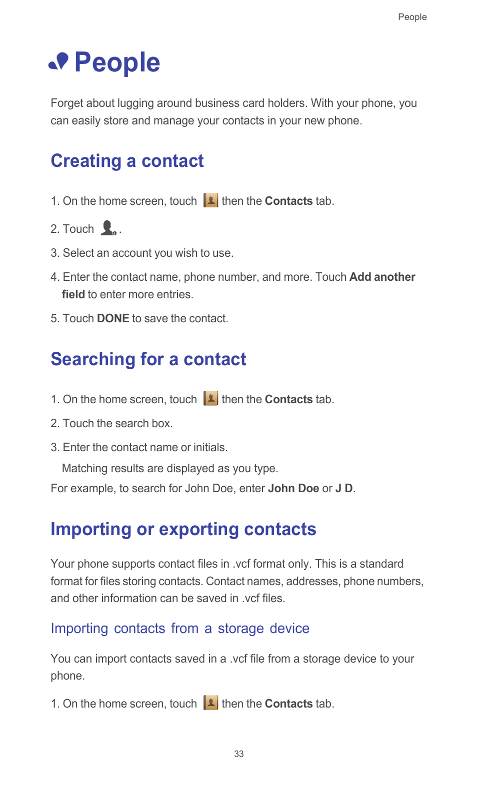 People, Creating a contact, Searching for a contact | Importing or exporting contacts, Importing contacts from a storage device | Huawei Ascend G526 User Manual | Page 38 / 98