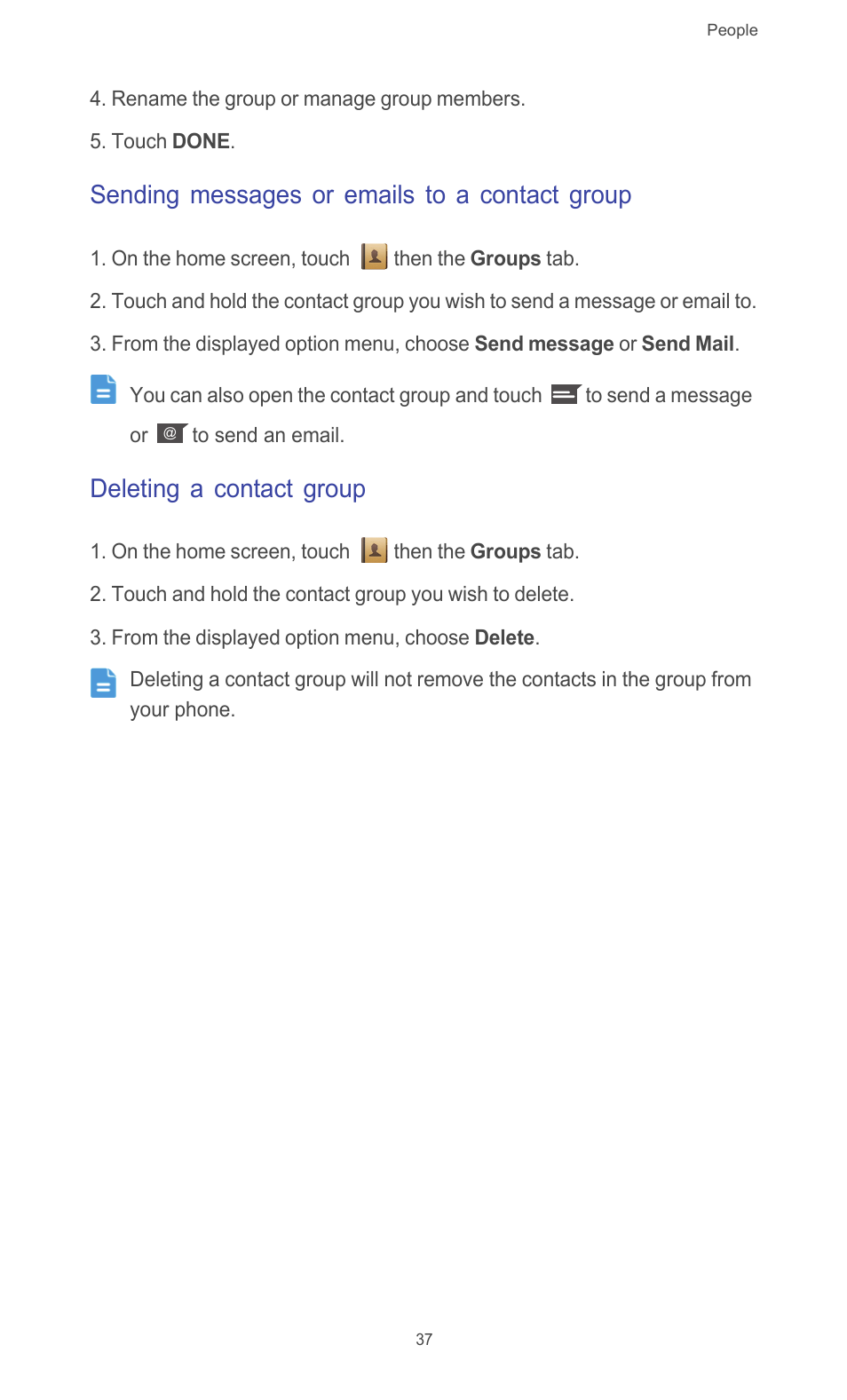 Sending messages or emails to a contact group, Deleting a contact group | Huawei Ascend G526 User Manual | Page 42 / 98