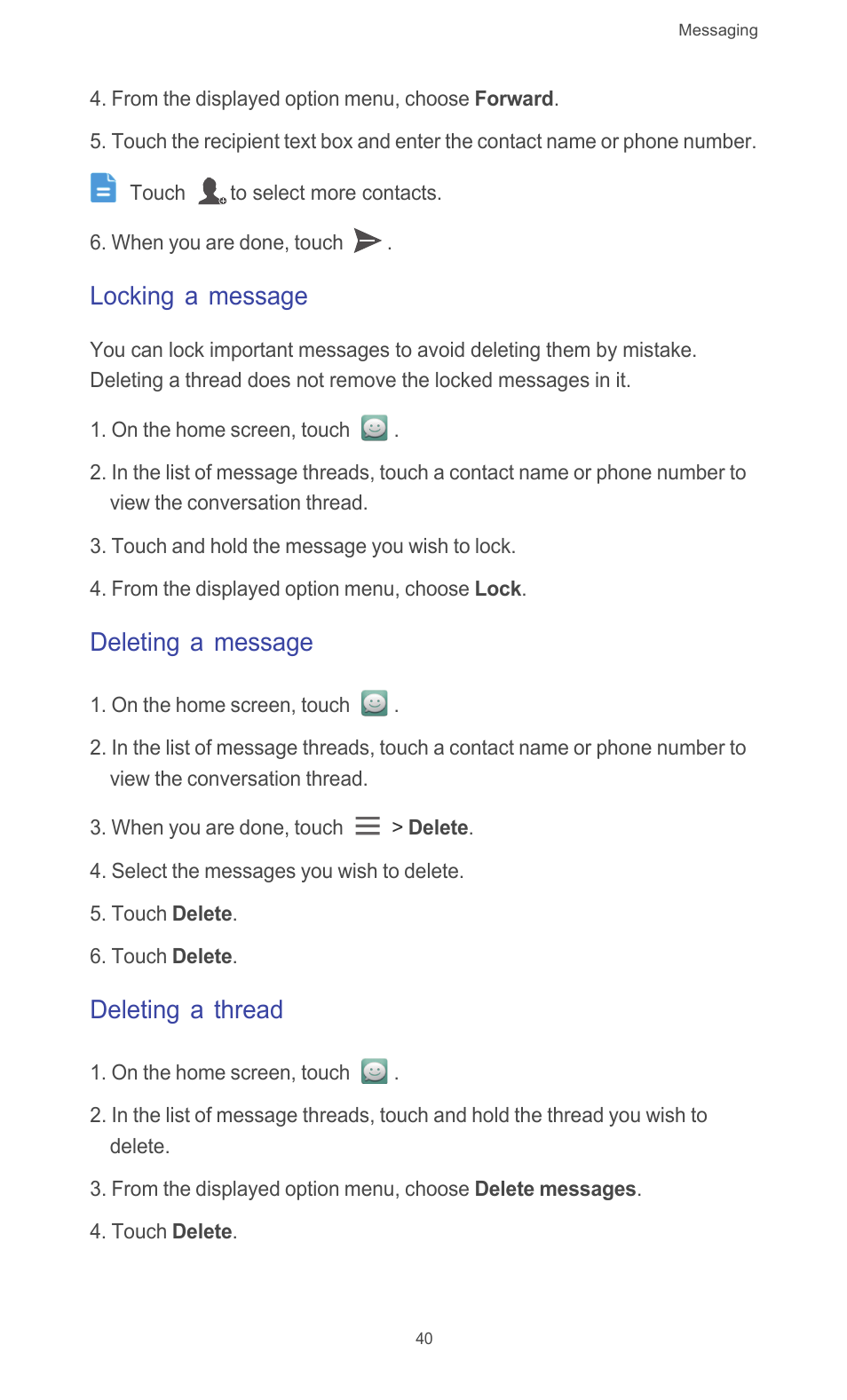 Locking a message, Deleting a message, Deleting a thread | Huawei Ascend G526 User Manual | Page 45 / 98