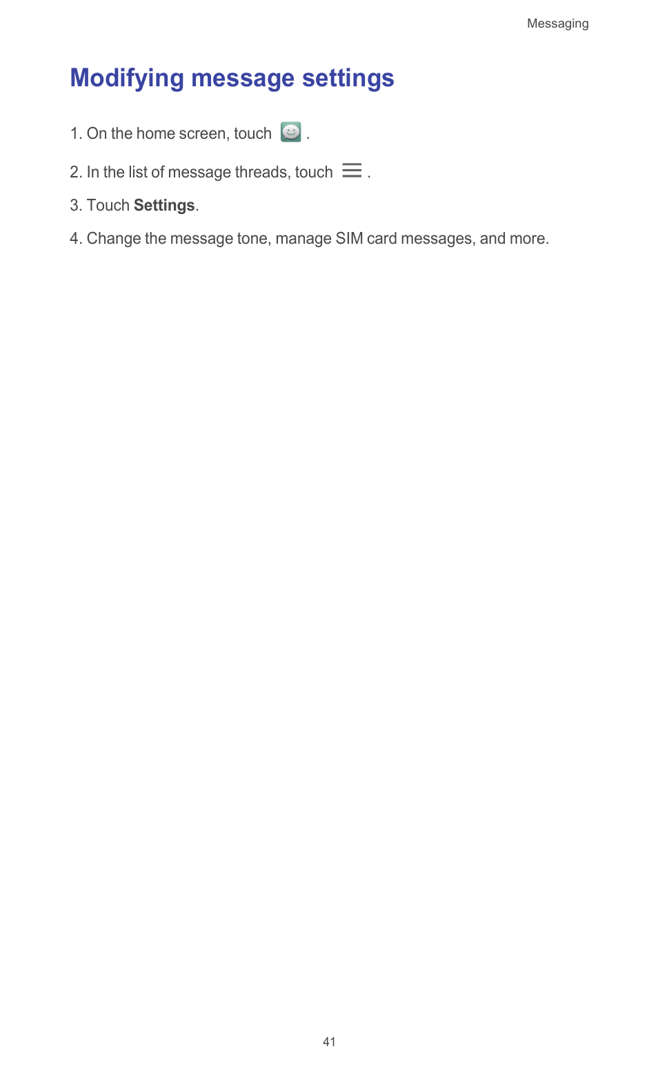 Modifying message settings | Huawei Ascend G526 User Manual | Page 46 / 98