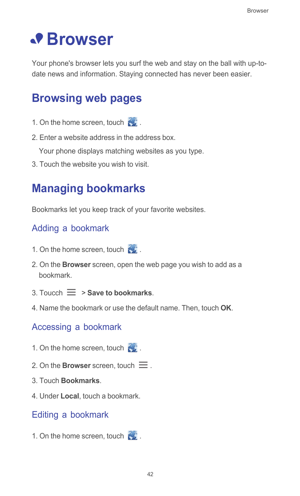 Browser, Managing bookmarks, Adding a bookmark | Accessing a bookmark, Editing a bookmark, Browsing web pages | Huawei Ascend G526 User Manual | Page 47 / 98