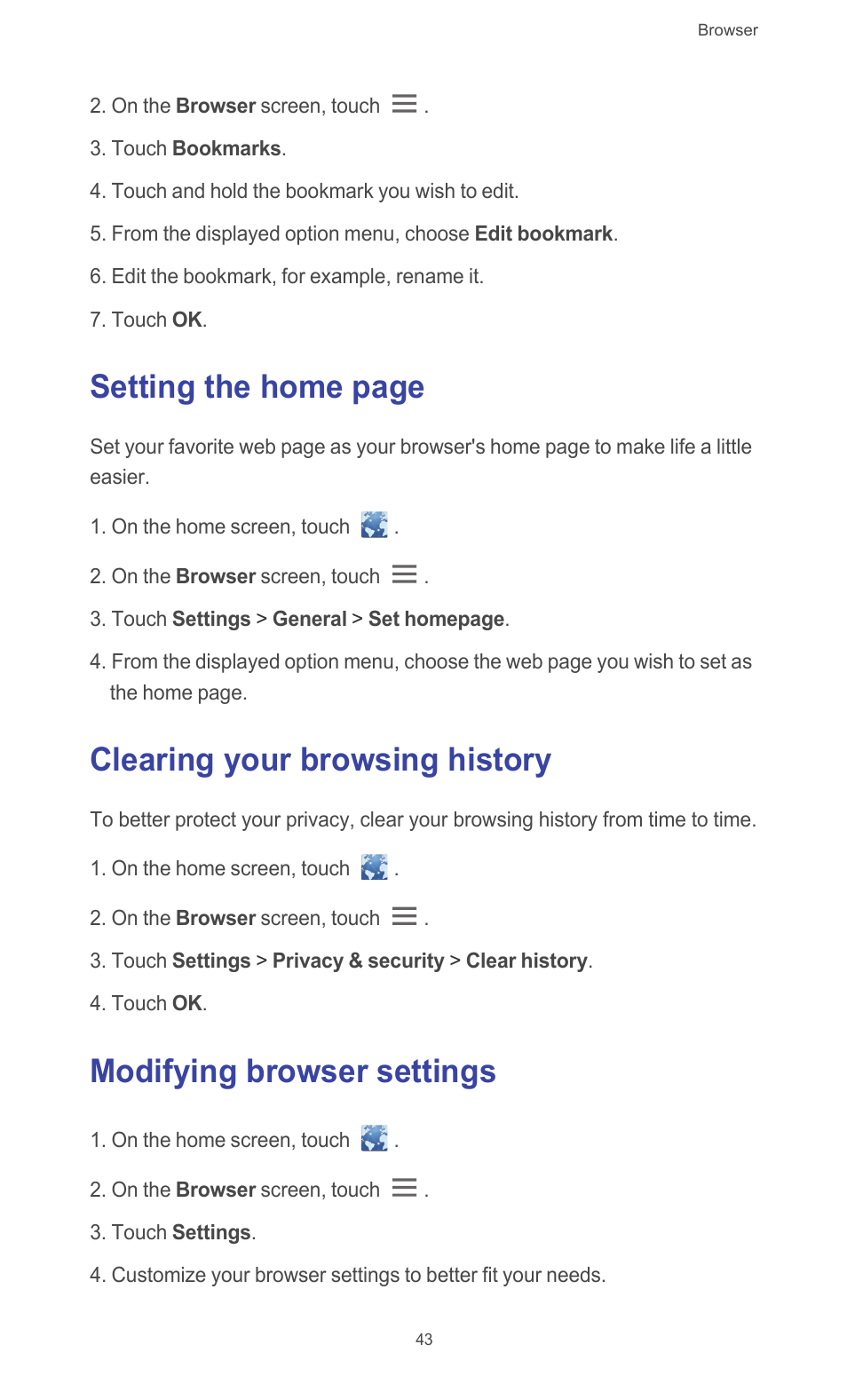 Clearing your browsing history, Modifying browser settings, Setting the home page | Huawei Ascend G526 User Manual | Page 48 / 98