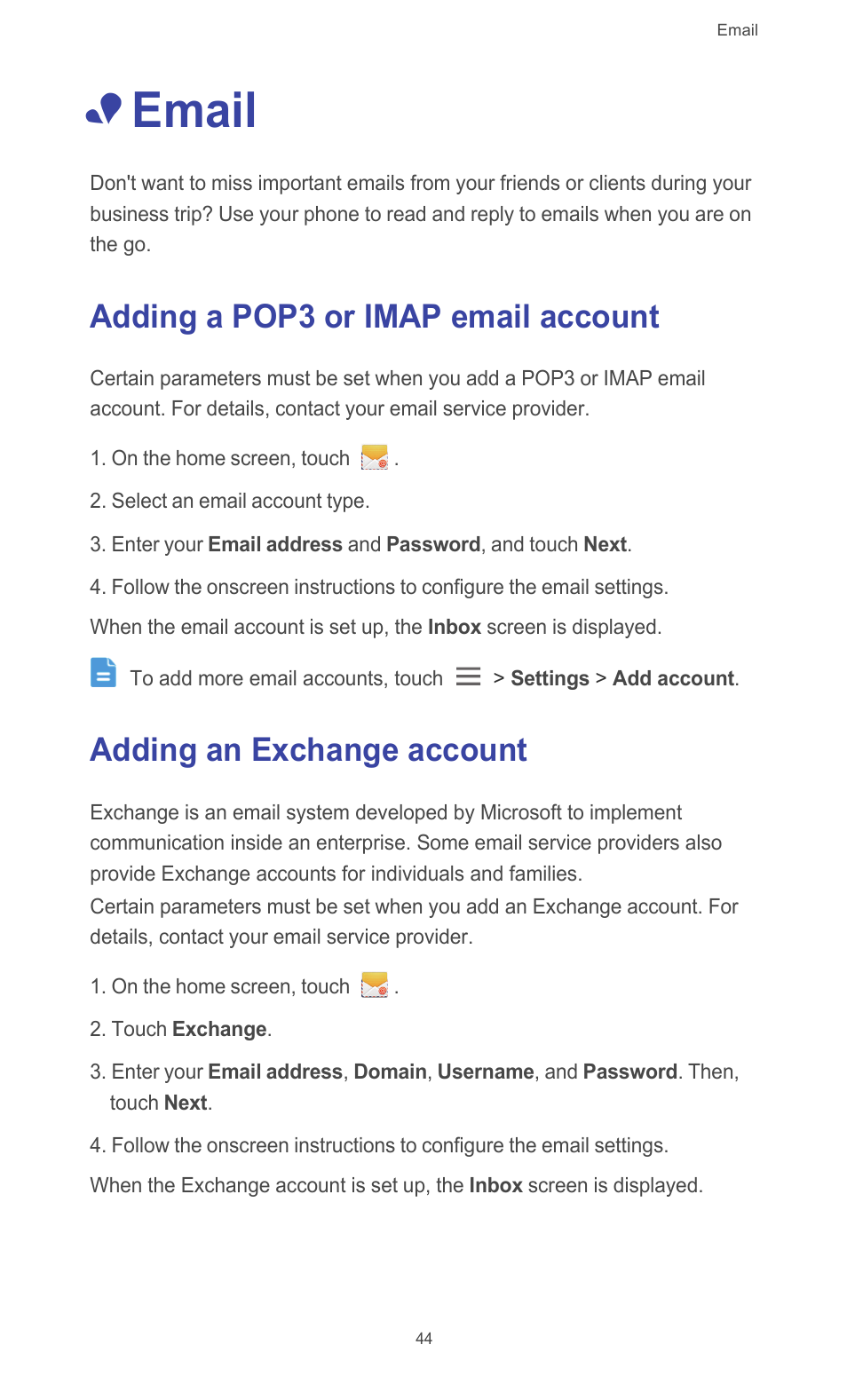 Email, Adding a pop3 or imap email account, Adding an exchange account | Huawei Ascend G526 User Manual | Page 49 / 98