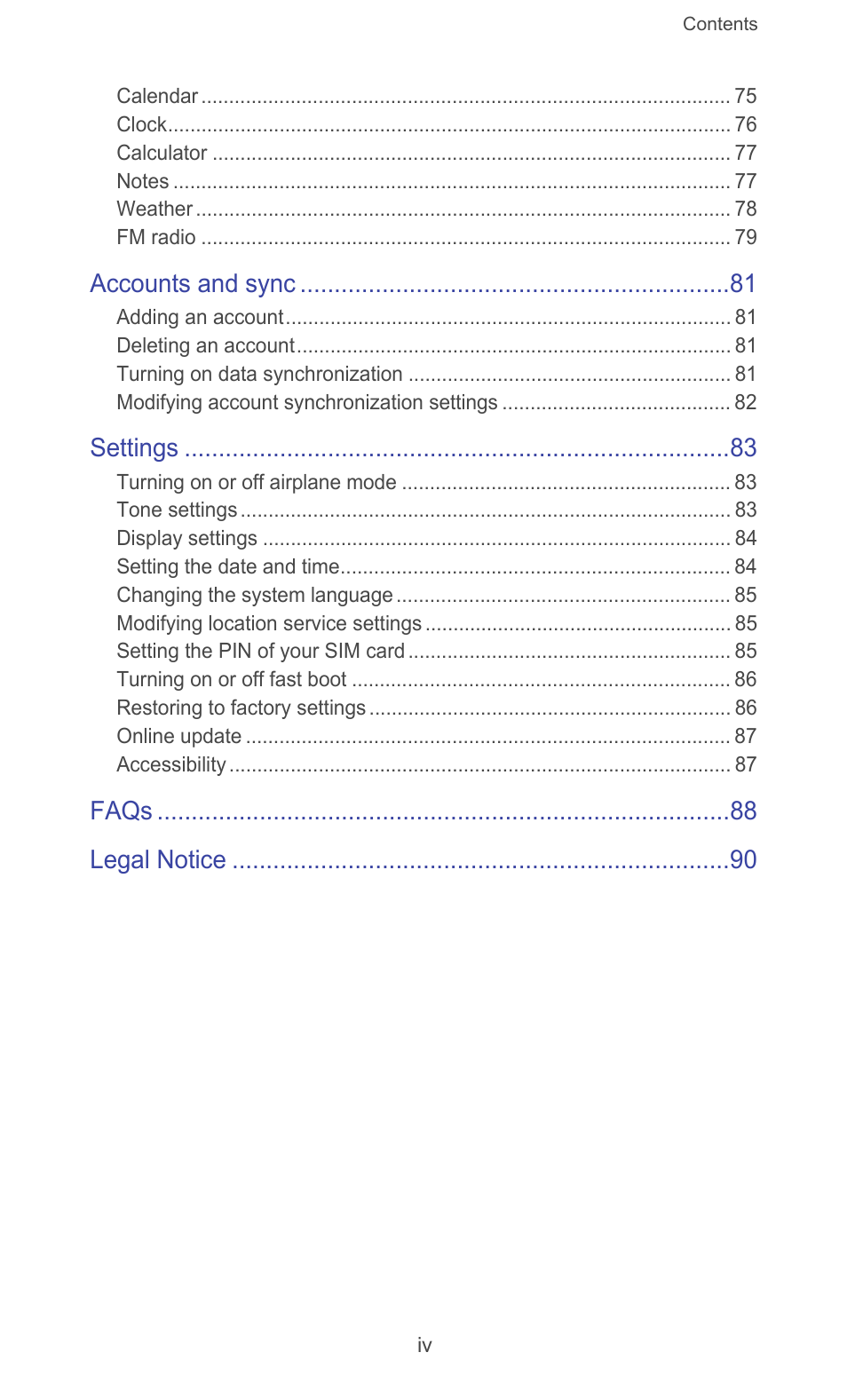 Accounts and sync, Settings, Faqs legal notice | Huawei Ascend G526 User Manual | Page 5 / 98