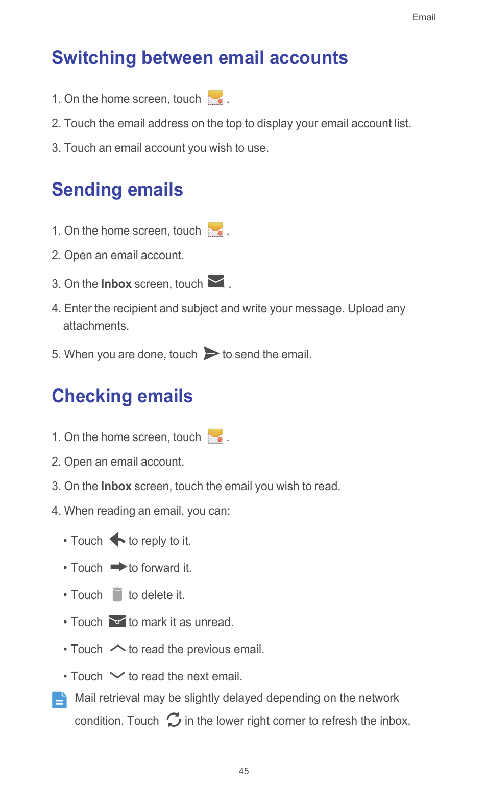 Switching between email accounts, Sending emails, Checking emails | Huawei Ascend G526 User Manual | Page 50 / 98