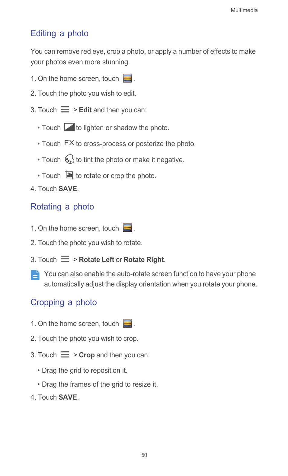 Editing a photo, Rotating a photo, Cropping a photo | Huawei Ascend G526 User Manual | Page 55 / 98