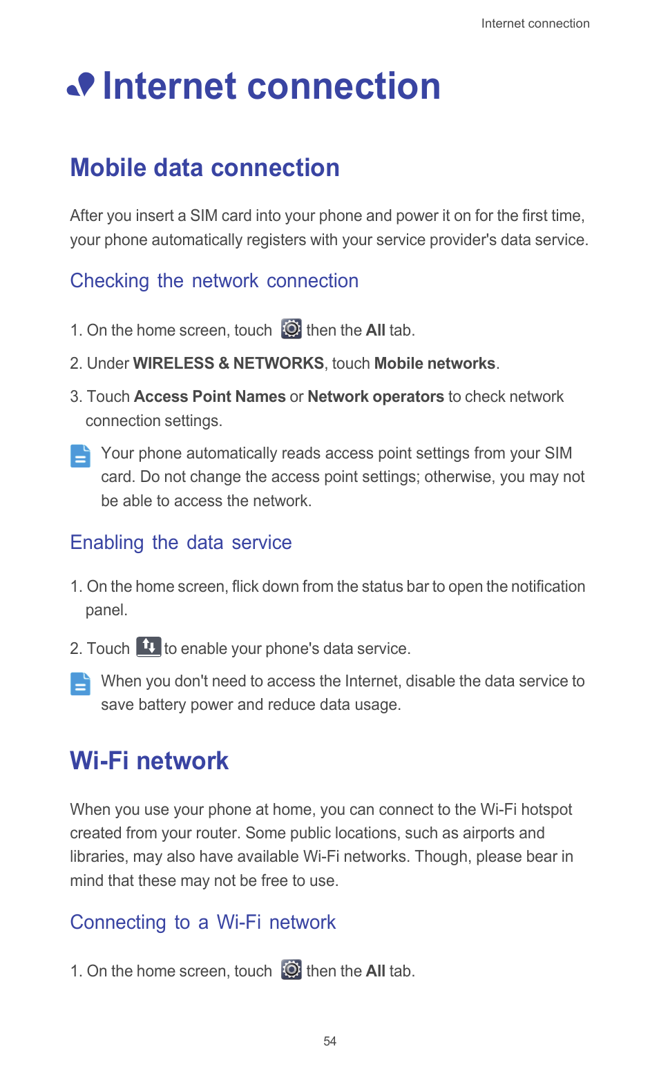 Internet connection, Mobile data connection, Checking the network connection | Enabling the data service, Wi-fi network, Connecting to a wi-fi network, Mobile data connection wi-fi network | Huawei Ascend G526 User Manual | Page 59 / 98