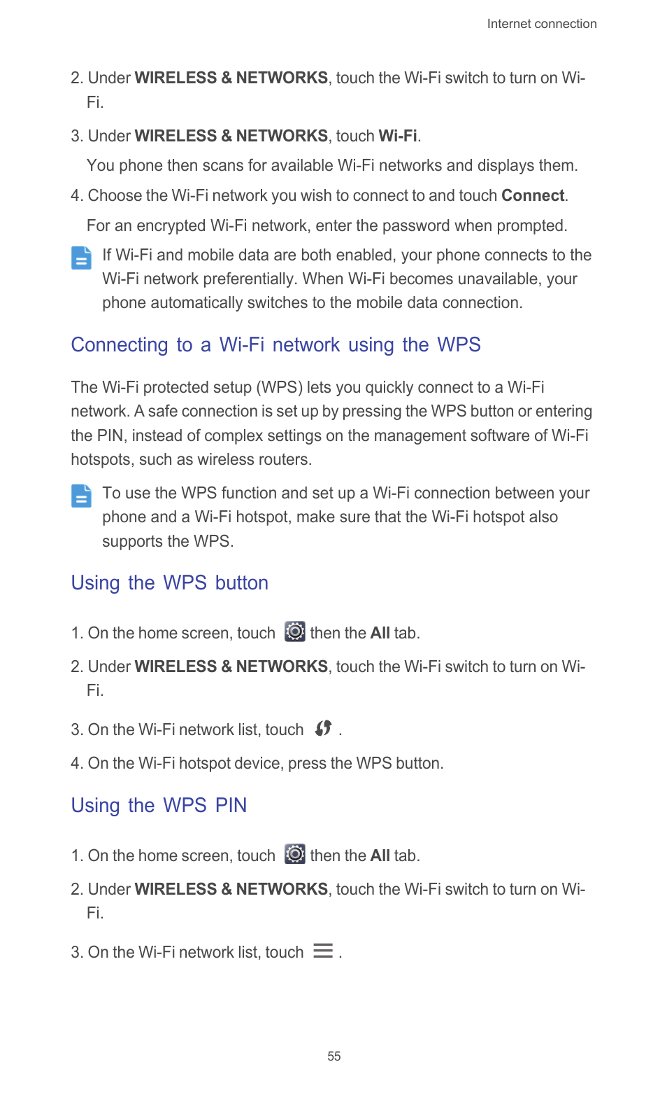 Connecting to a wi-fi network using the wps, Using the wps button, Using the wps pin | Huawei Ascend G526 User Manual | Page 60 / 98