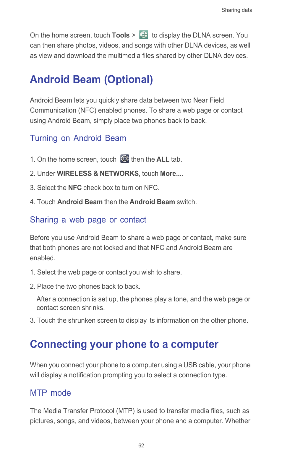 Android beam (optional), Turning on android beam, Connecting your phone to a computer | Mtp mode, Sharing a web page or contact | Huawei Ascend G526 User Manual | Page 67 / 98