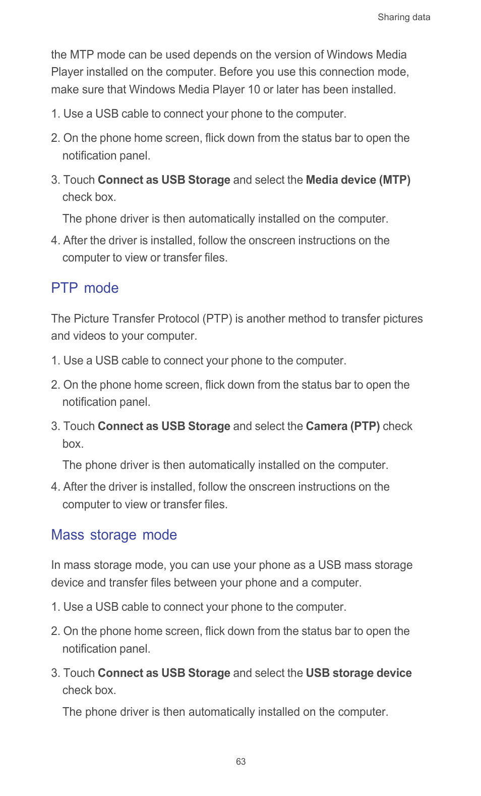 Ptp mode, Mass storage mode | Huawei Ascend G526 User Manual | Page 68 / 98