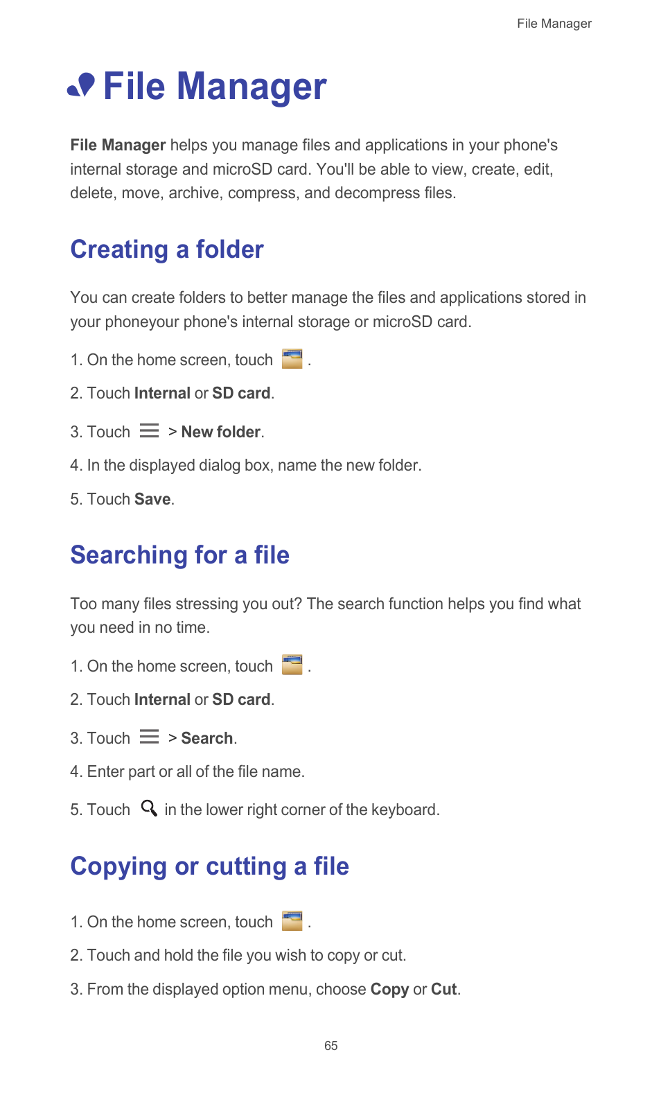 File manager, Creating a folder, Searching for a file | Copying or cutting a file | Huawei Ascend G526 User Manual | Page 70 / 98